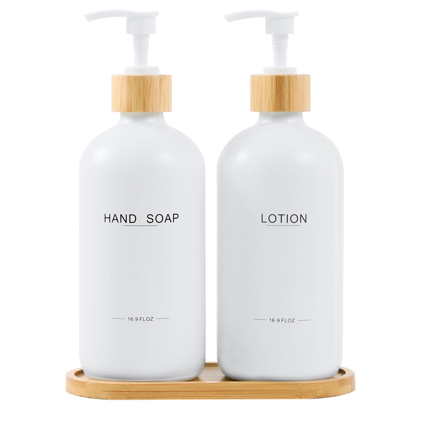 BONLONG Bathroom Soap Dispenser Set Bamboo Pumps & Tray Lotion Dispenser and Hand Soap Dispenser Bathroom Counter Decor. (White)