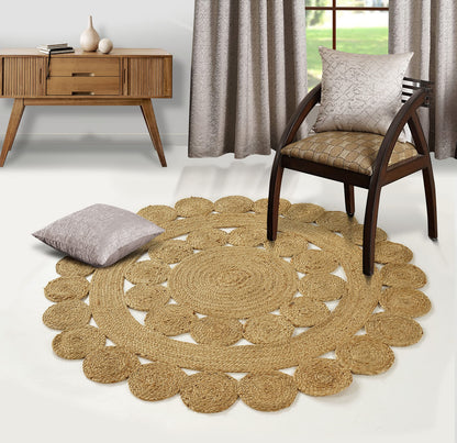 GRUHUM Round Jute Area Rug 5ft Natural Fiber Collection Handmade Boho Charm Farmhouse Jute Area Rug Soft Braided Reversible Rustic Rug for Indoor EcoFriendly Kitchen Bedroom Living Hallways Enterways
