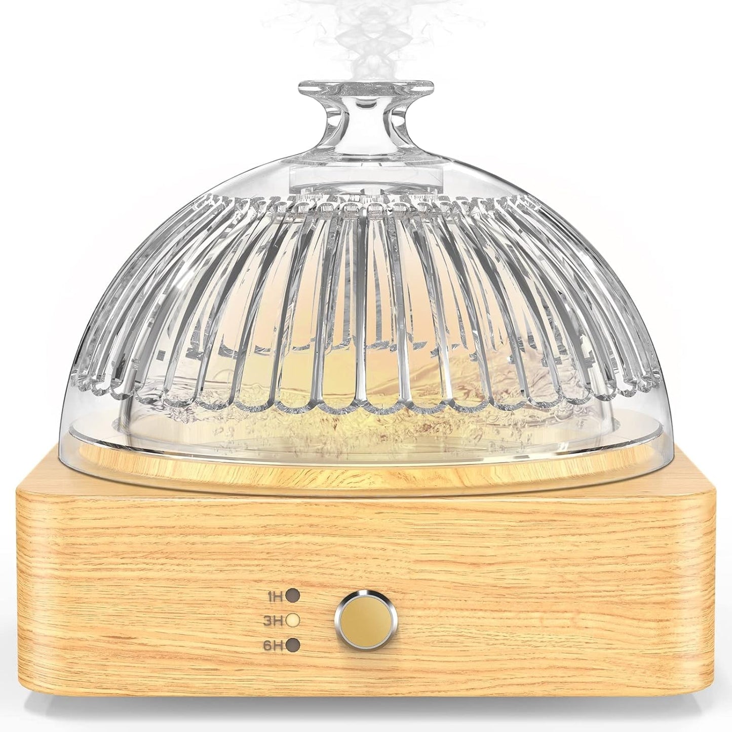 Lecdura Glass Essential Oil Diffuser Humidifier 200ml Ultrasonic Aroma Diffusers with Glass Reservoir Wood Base Auto-Off Timer Dusk Flame Warm Light Dome Air Diffuser for Home