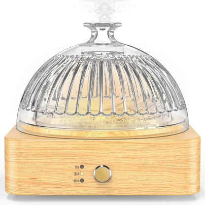 Lecdura Glass Essential Oil Diffuser Humidifier 200ml Ultrasonic Aroma Diffusers with Glass Reservoir Wood Base Auto-Off Timer Dusk Flame Warm Light Dome Air Diffuser for Home