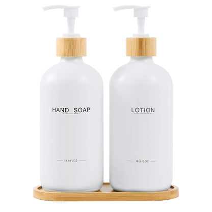 BONLONG Bathroom Soap Dispenser Set Bamboo Pumps & Tray Lotion Dispenser and Hand Soap Dispenser Bathroom Counter Decor. (White)